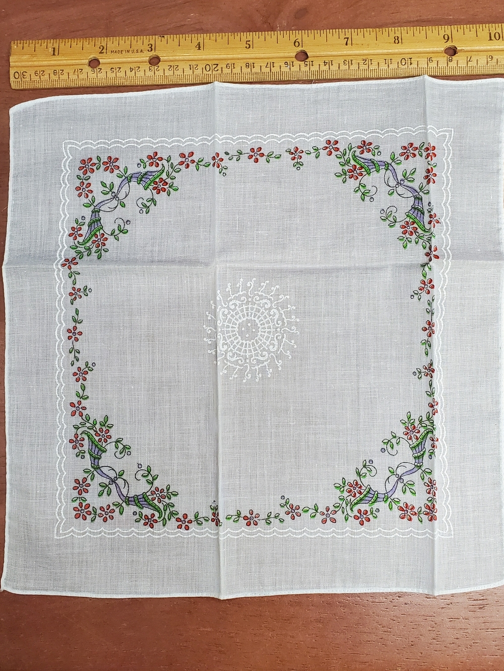 Vintage White Floral Linen Handkerchief with Blue Trumpet
